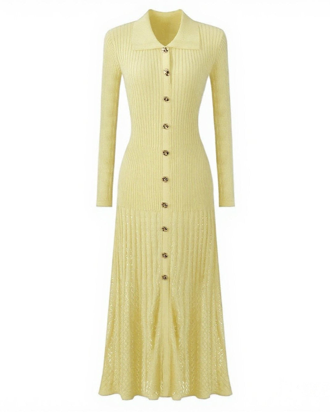 فستان ماكسي محبوك مضلع مع تفاصيل أزرار ذهبية - كيلينيت