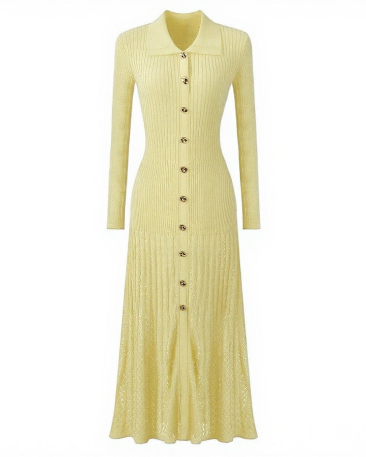 فستان ماكسي محبوك مضلع مع تفاصيل أزرار ذهبية - كيلينيت