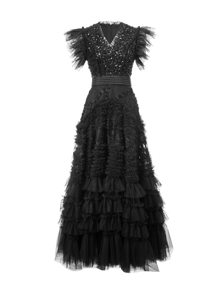 فستان من التول متعدد الطبقات مع صد من الترتر وأكمام مكشكشة - سيليست