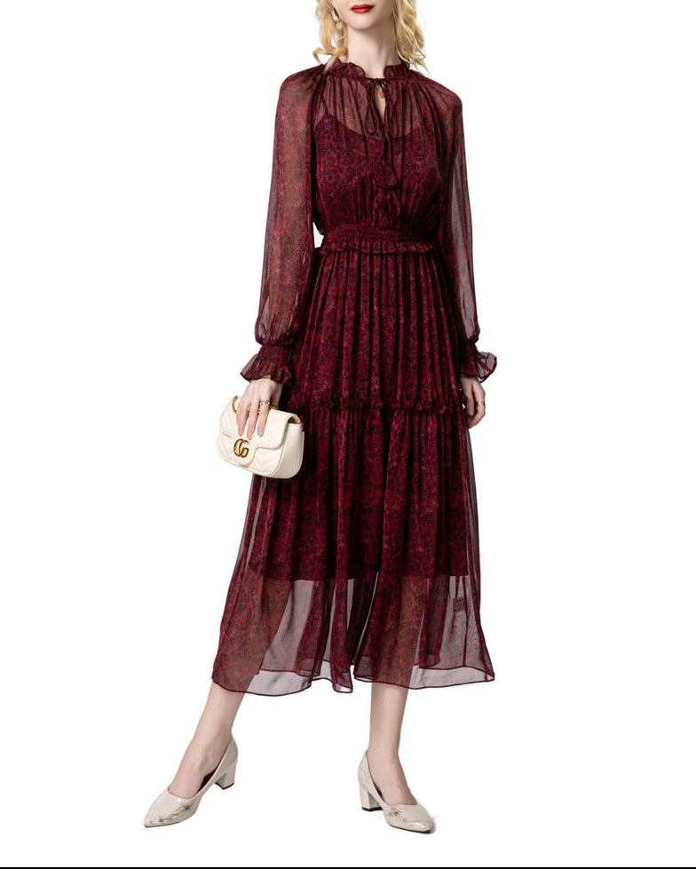 فستان متوسط ​​الطول من الشيفون متعدد الطبقات مع رباط على الرقبة – مايف