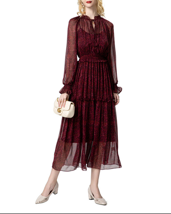 فستان متوسط ​​الطول من الشيفون متعدد الطبقات مع رباط على الرقبة – مايف