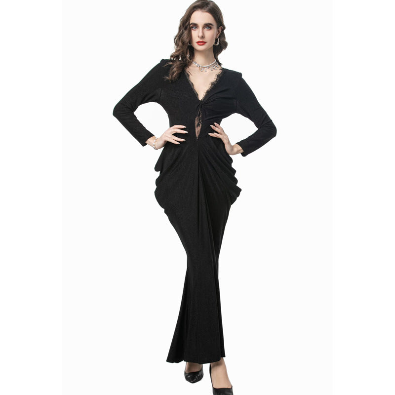 long sleeve draped mermaid gown with lace neckline - SERENZA