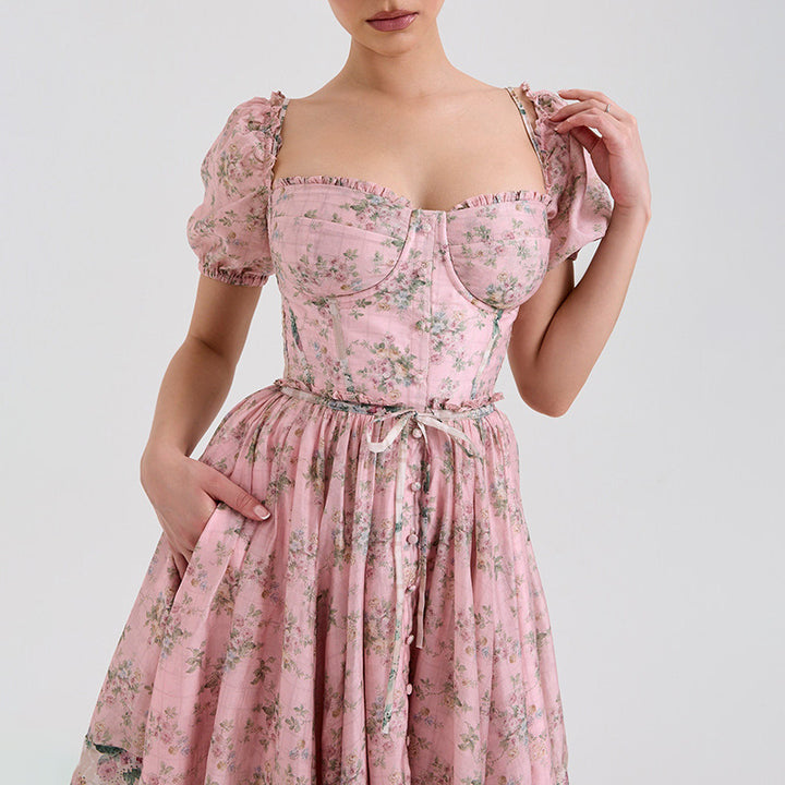 puff-sleeve corset dress with layered floral skirt – AKIALZU