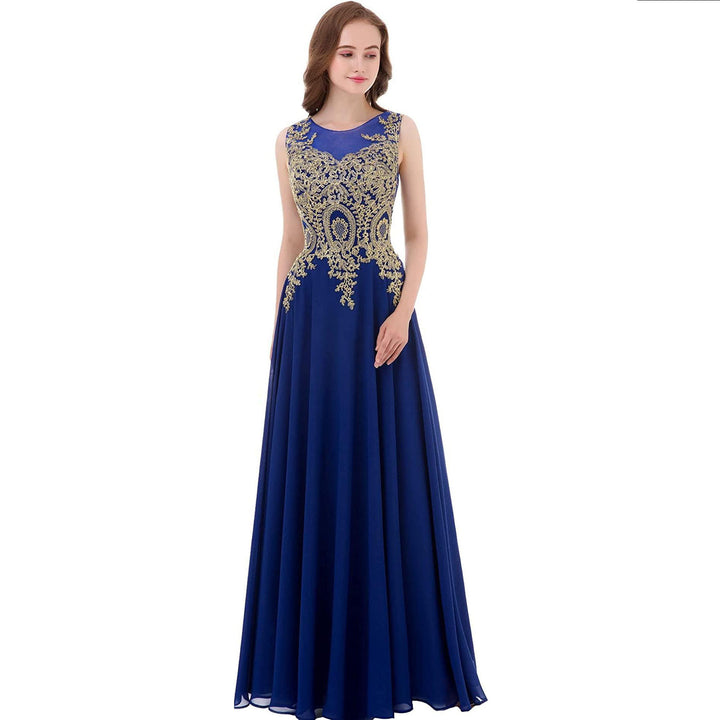 sleeveless chiffon gown with gold sequin bodice – AURONZA