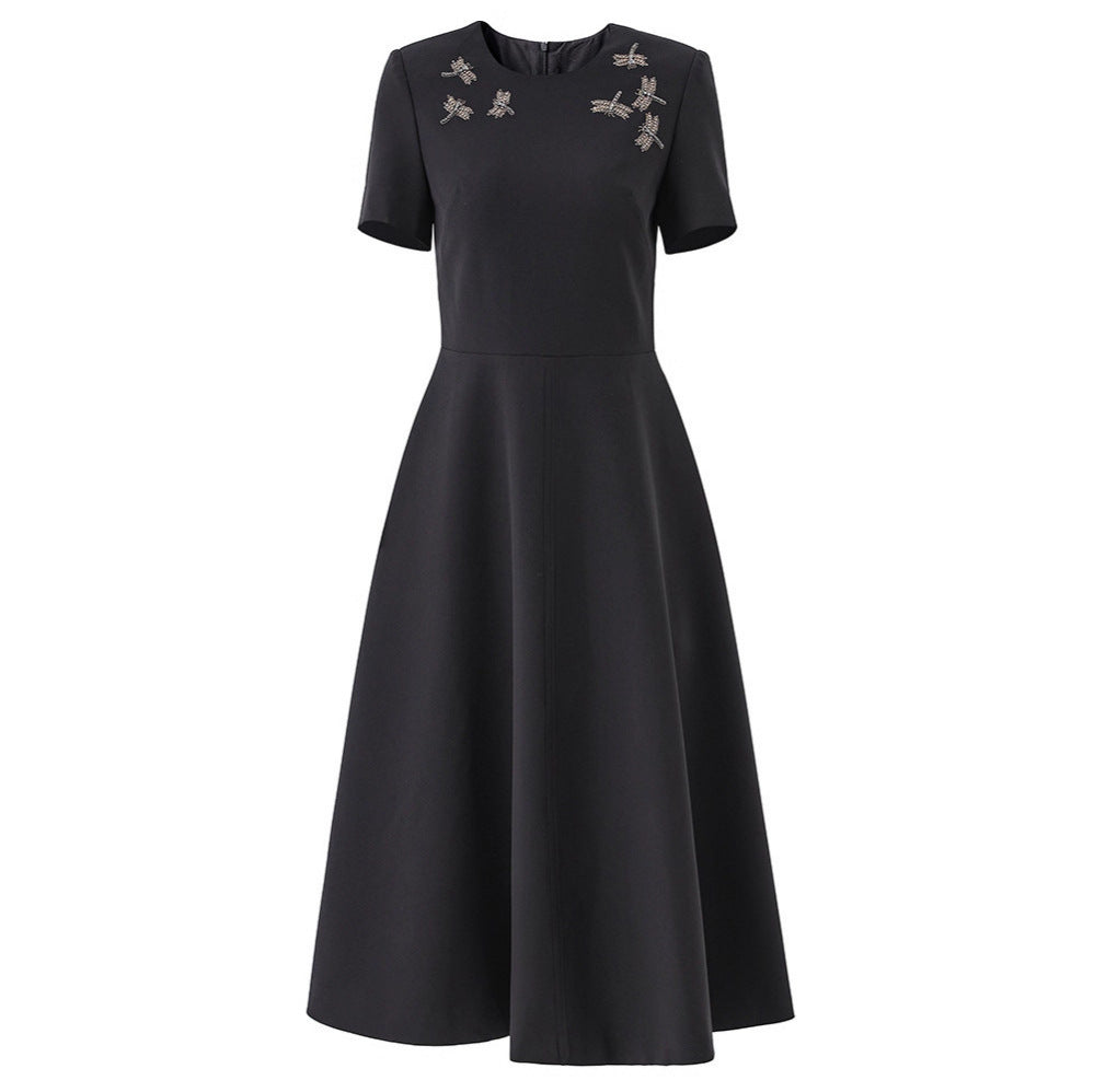 Short-sleeve midi dress with crystal dragonfly embellishments – STARLIT