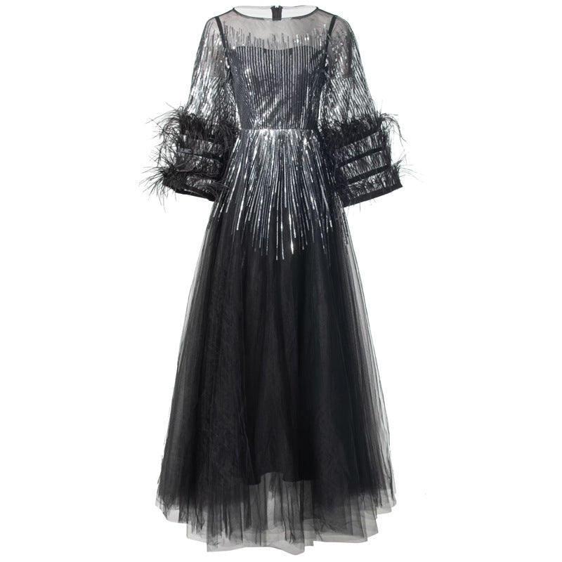 sequin tulle gown with feathered sleeves - CELESVE