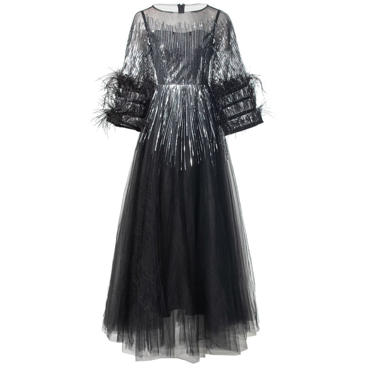 sequin tulle gown with feathered sleeves - CELESVE