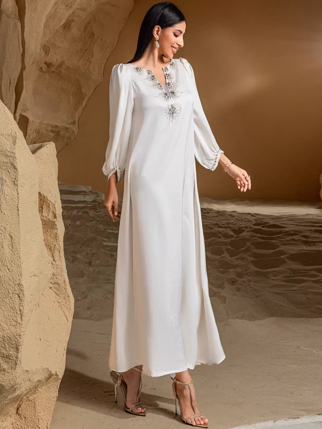 Elegant Long Sleeve Maxi Dress with Waist Fit – ELARA