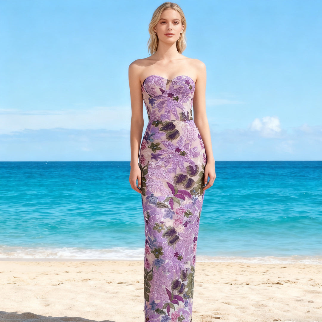 Strapless Floral Embroidered Mesh Gown – AURELIA