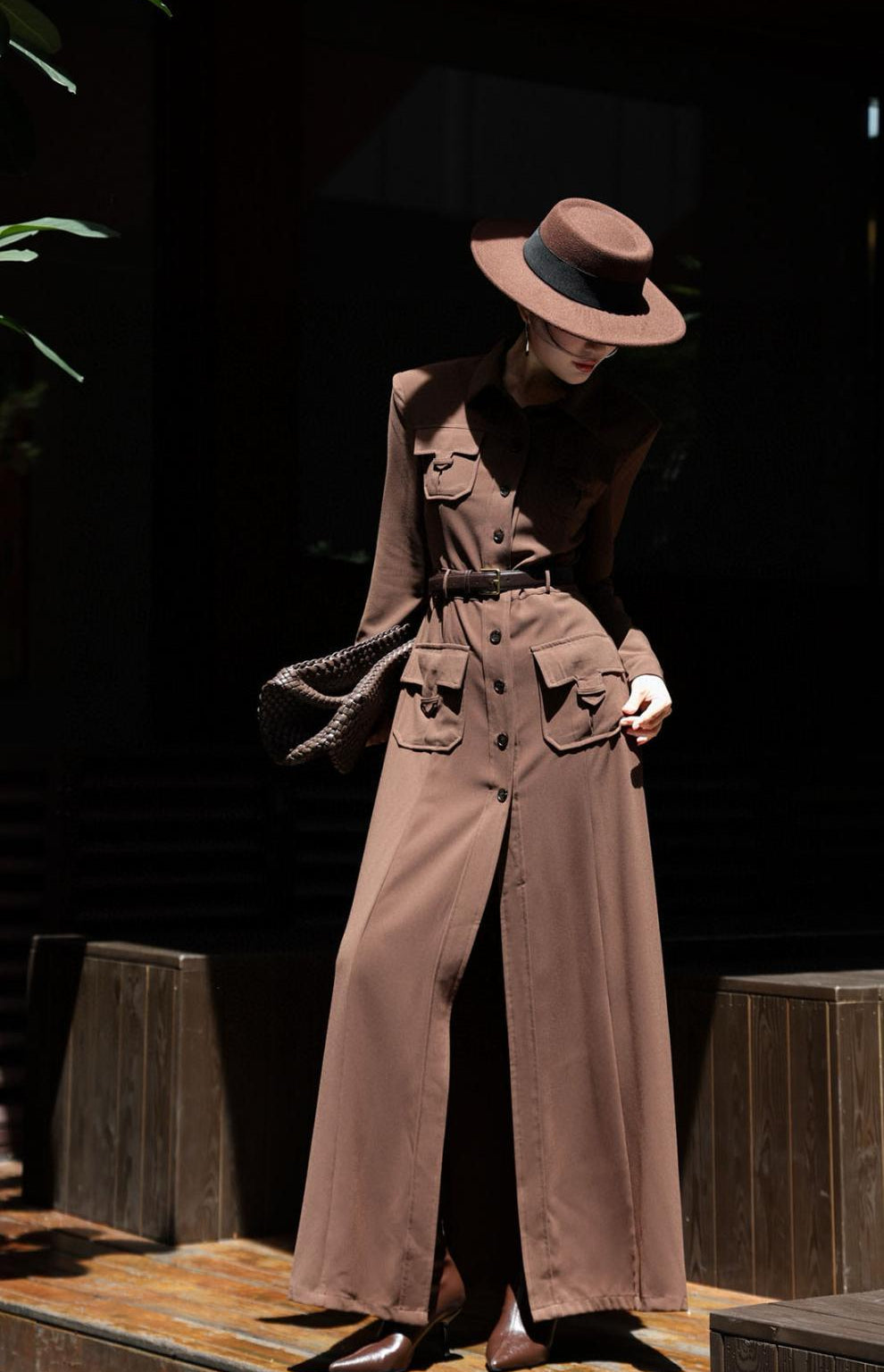 button-down military maxi dress with belted waist – NOIRE