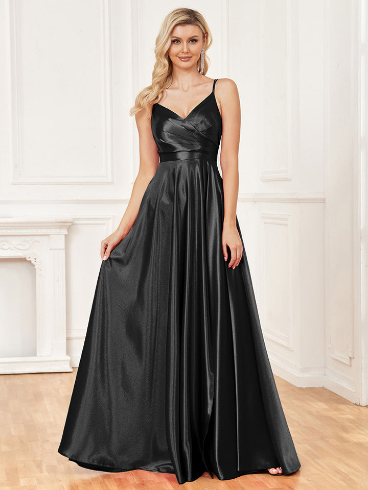 spaghetti-strap gown with front slit – AURELINVA