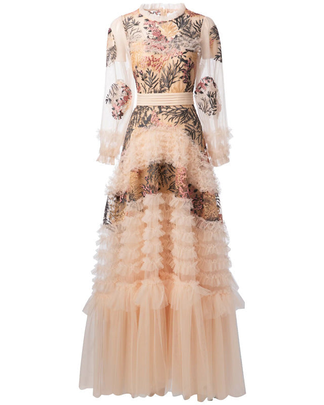 long-sleeve tulle gown with floral embroidery - MARINADI