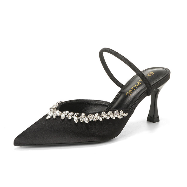 Satin pointed-toe mule with crystal strap - VERANA