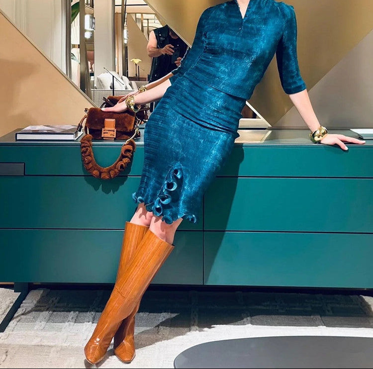 Geplooide top met uitlopende mouwen en maxi-rok set met tailleband – Rosiny 