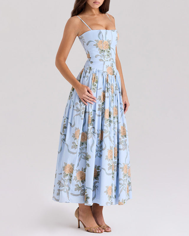 floral print corset midi dress with thin straps – AUROZAKI