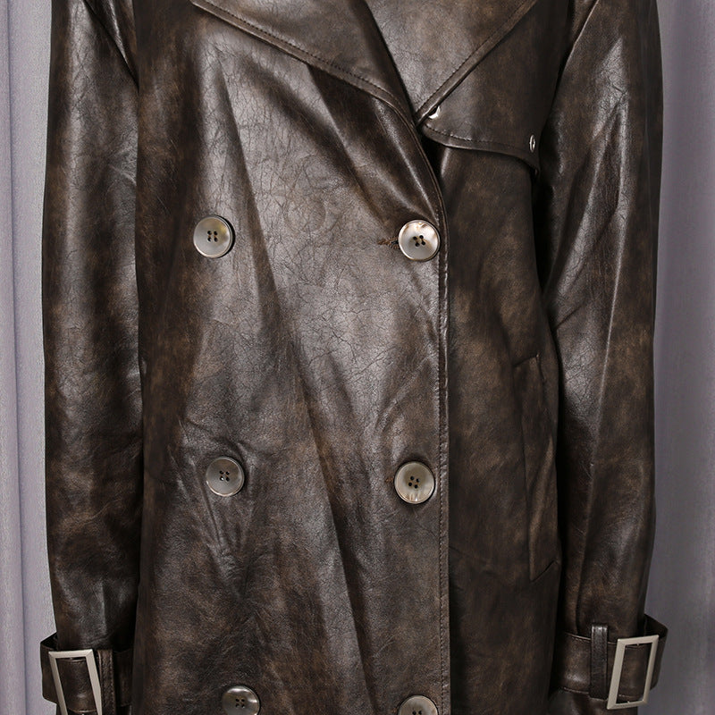 double-breasted leather trench coat with wide lapels – NOIRÉ
