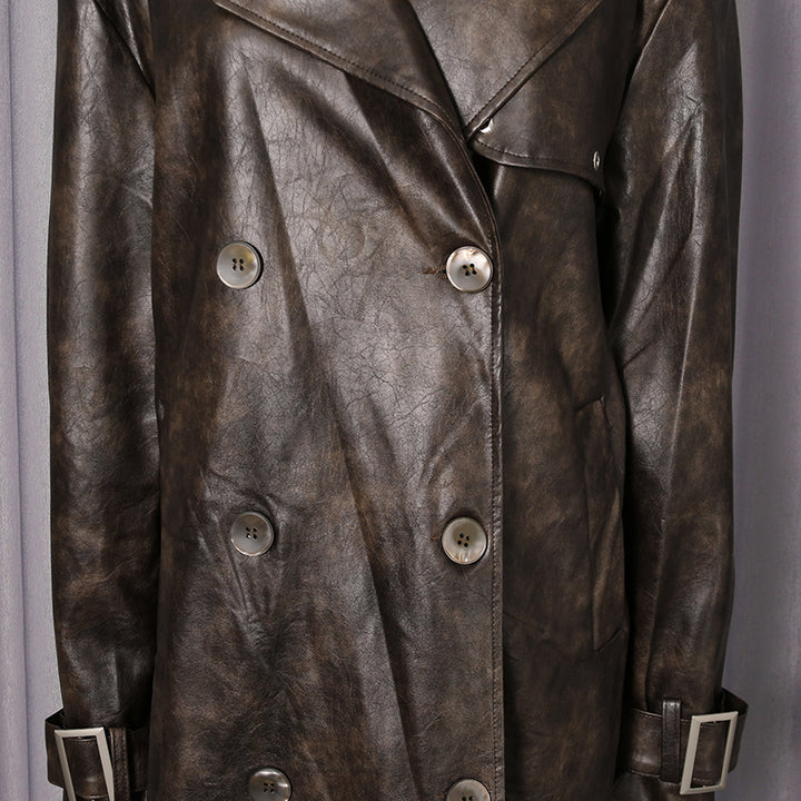 double-breasted leather trench coat with wide lapels – NOIRÉ