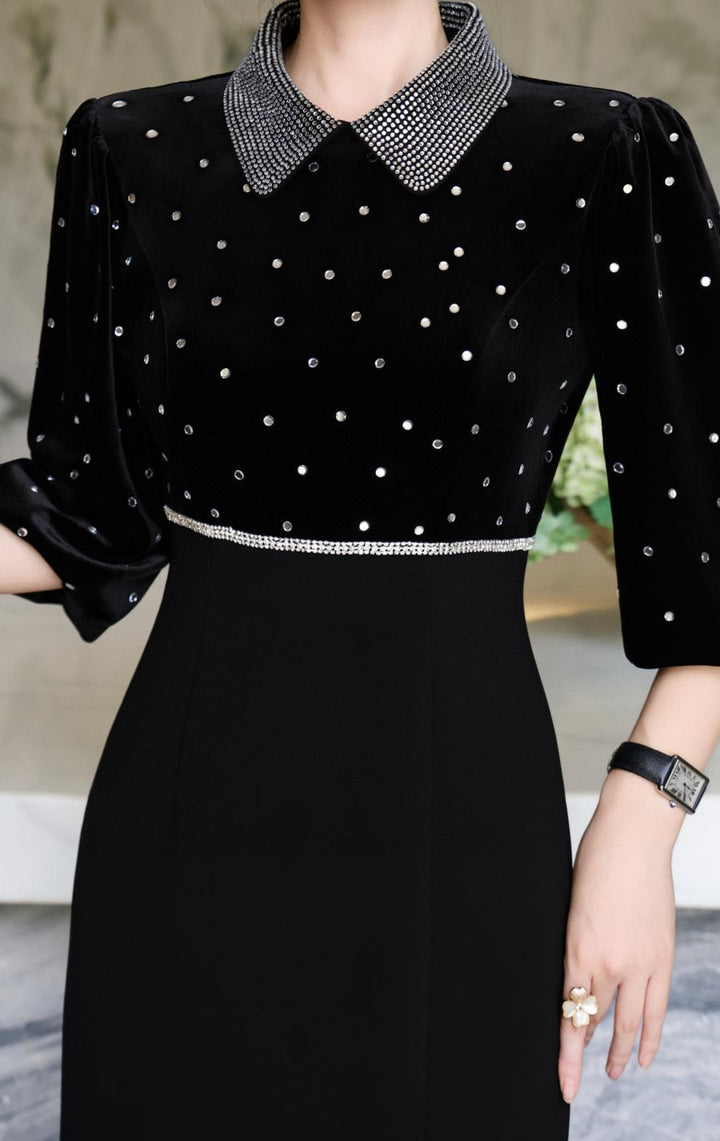 black velvet maxi dress with embellished collar–polka