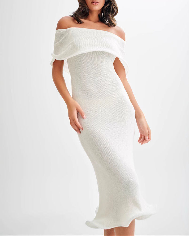 فستان ميدي محبوك مكشوف الأكتاف مع حافة مكشكشة - سيرين