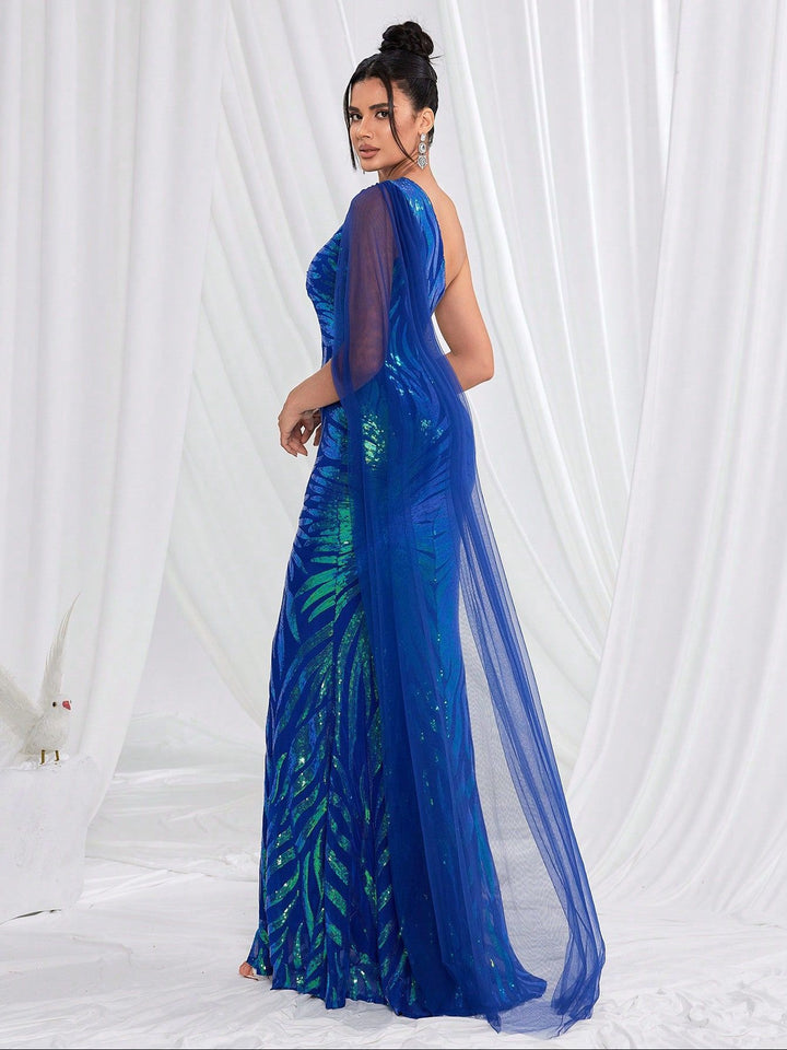 one-shoulder sequin gown with sheer cape – AZURIDA