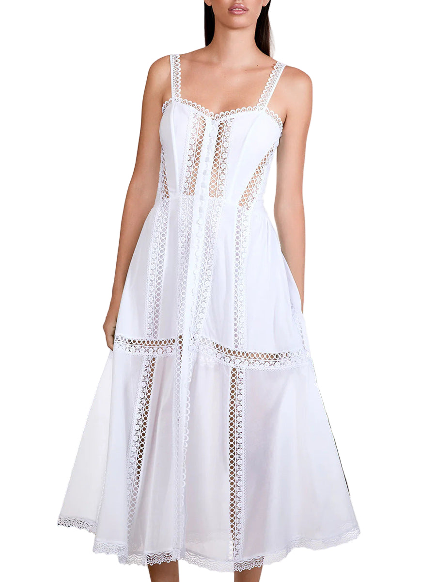 sleeveless lace-trimmed midi dress with corset bodice – NORIZA