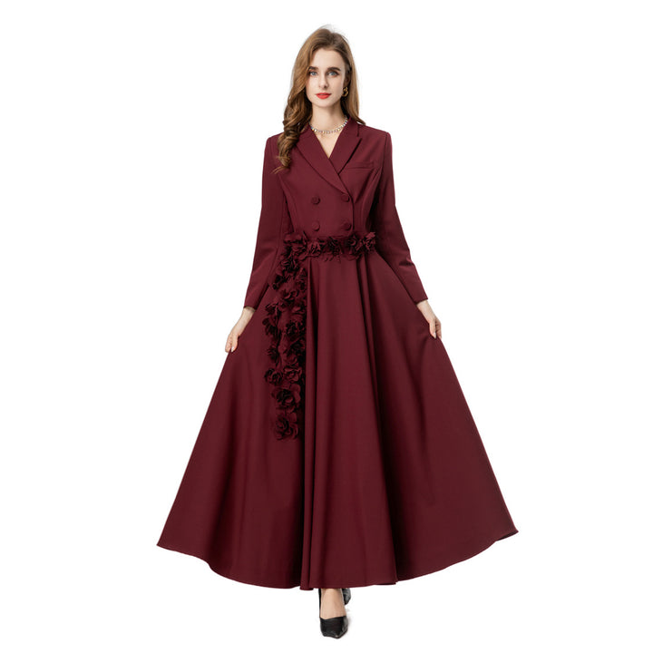 فستان كريب مزدوج الصدر مع خصر مزهر ثلاثي الأبعاد – موريل