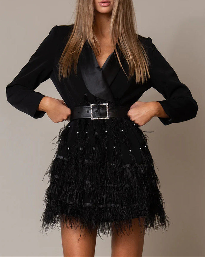 belted blazer dress with feathered skirt – BORAYLA