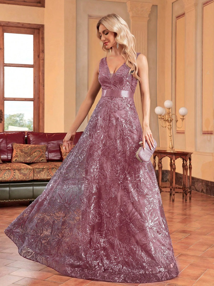 sleeveless V-neck sequin gown with satin waistband – CELESTE