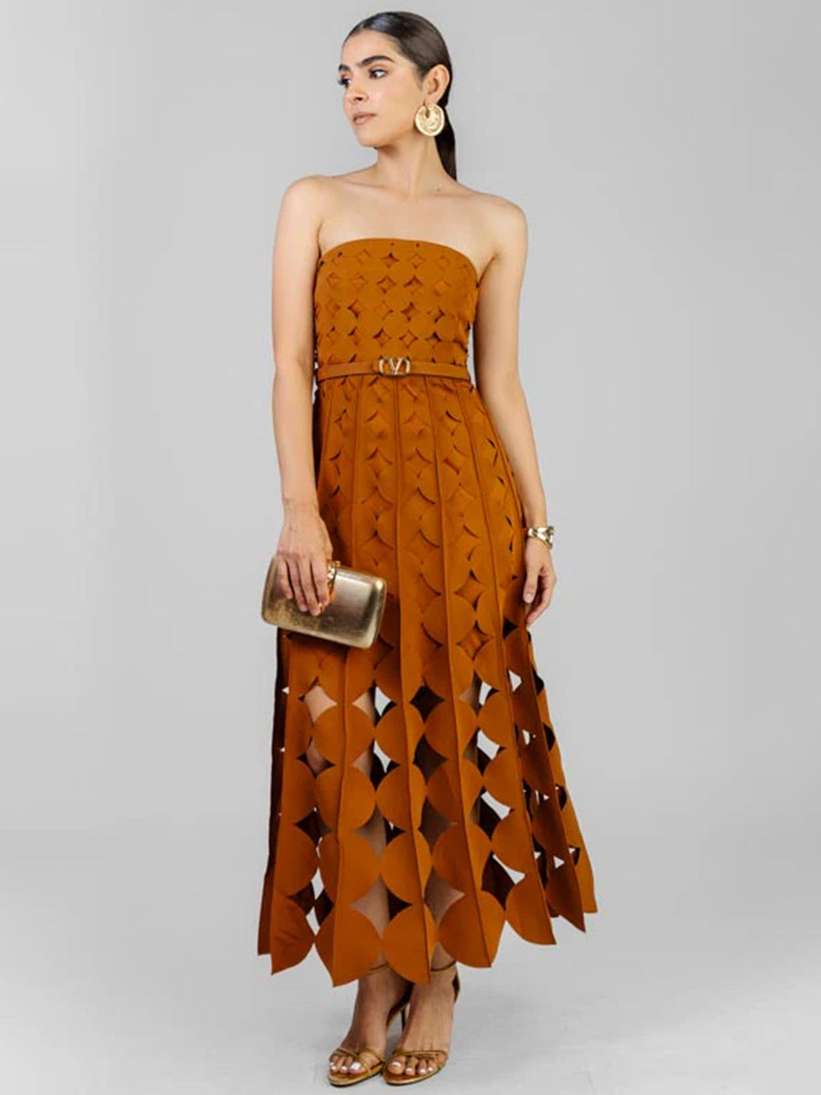 Plissiertes Oberteil mit ausgestellten Ärmeln und Maxirock-Set mit Taillengürtel – Rosiny 