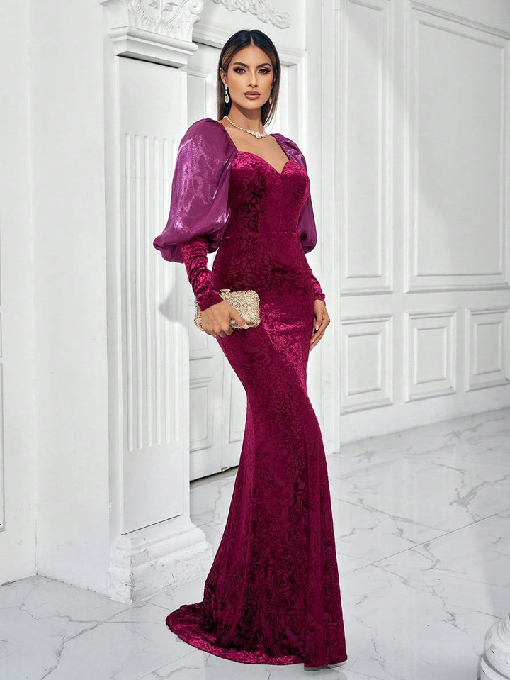 velvet floral gown with puff satin sleeves – AMARALI