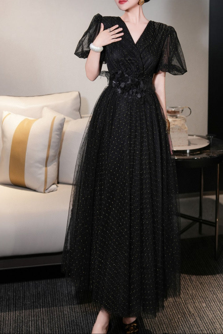 فستان ملفوف من التول بحزام وأكمام منفوخة – إسمي