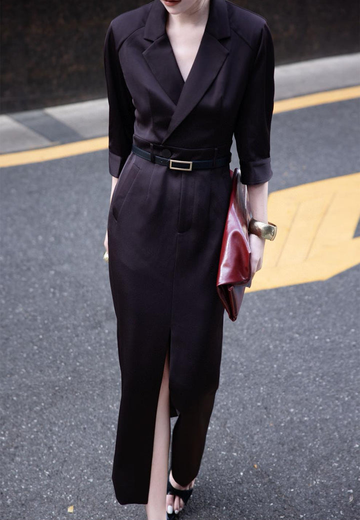 tailored wrap shirt-dress with front slit – VELINA