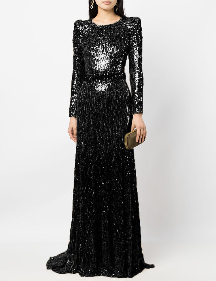 Long sleeve column dress with sequined embellishments - Jinwy