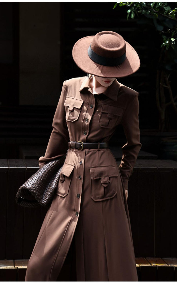 button-down military maxi dress with belted waist – NOIRE