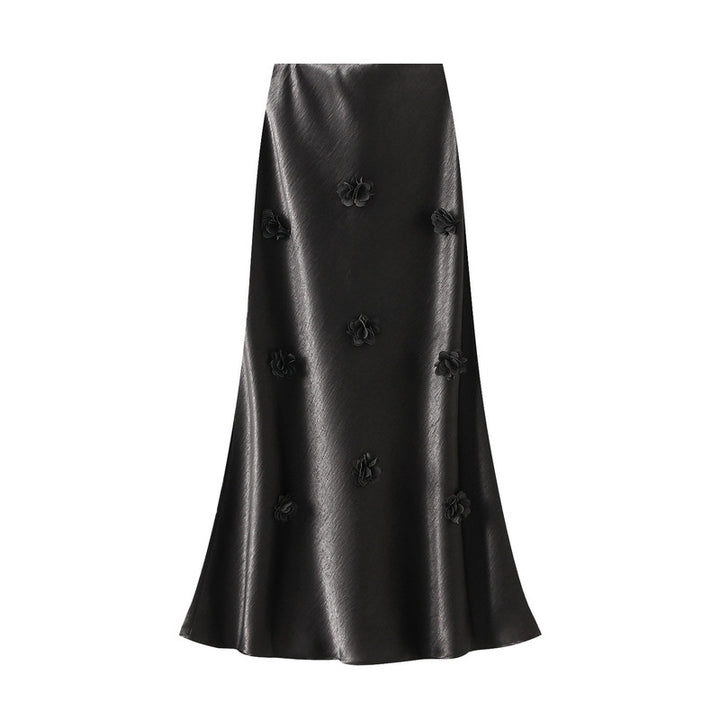 satin midi skirt with 3D floral appliqués – AMÉLIE