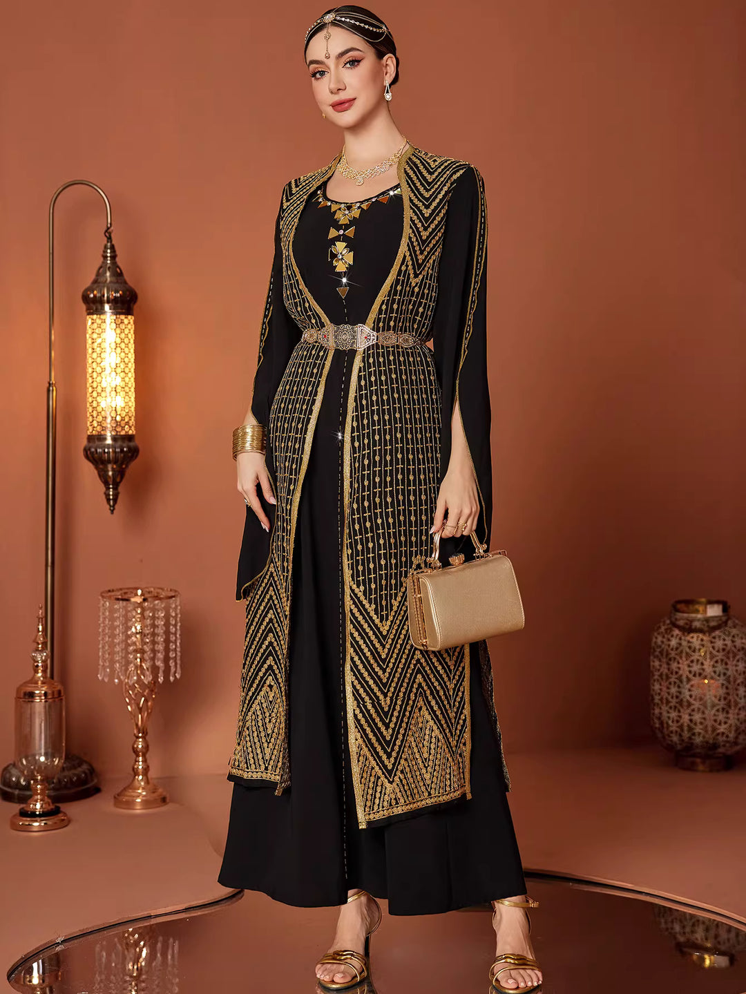 Luxury Embroidered Open Abaya with Gold Detailing – ZAHRA