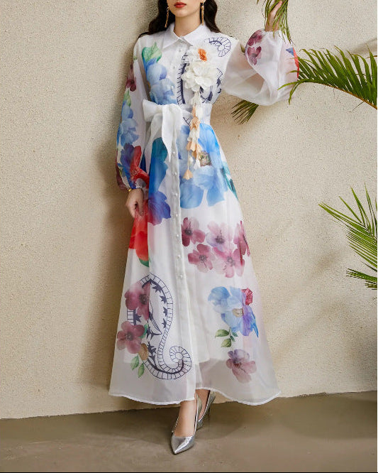 فستان ماكسي من الأورجانزا بنقوش زهور وتطريز ثلاثي الأبعاد - فيورا