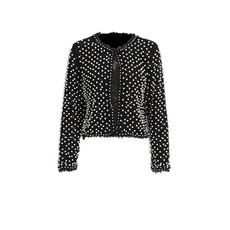 cropped black jacket with pearl stud embellishment – PEARLÉ