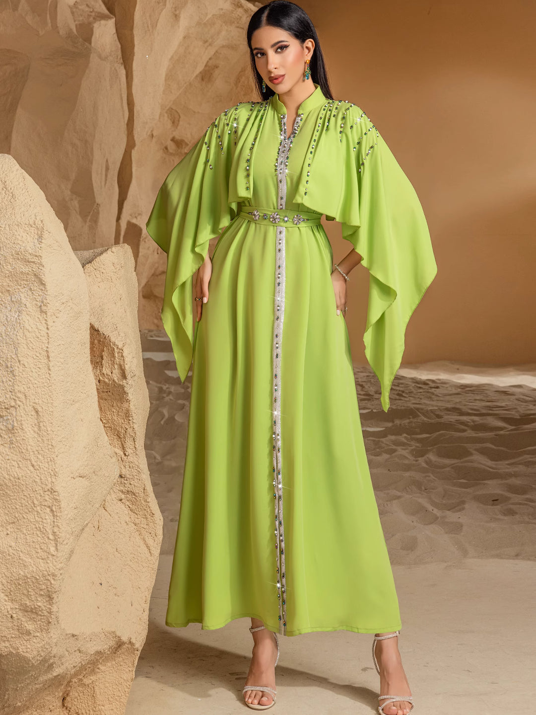 embellished flare-sleeve maxi dress with cape overlay - AMARA