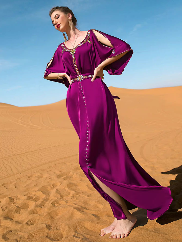 فستان ميدي غير متماثل بأكمام طويلة وياقة عالية - لون الزمرد