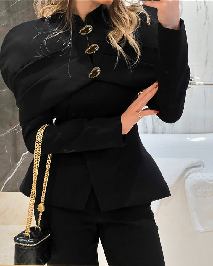 structured cape-shoulder blazer with sculpted waist – NOIR