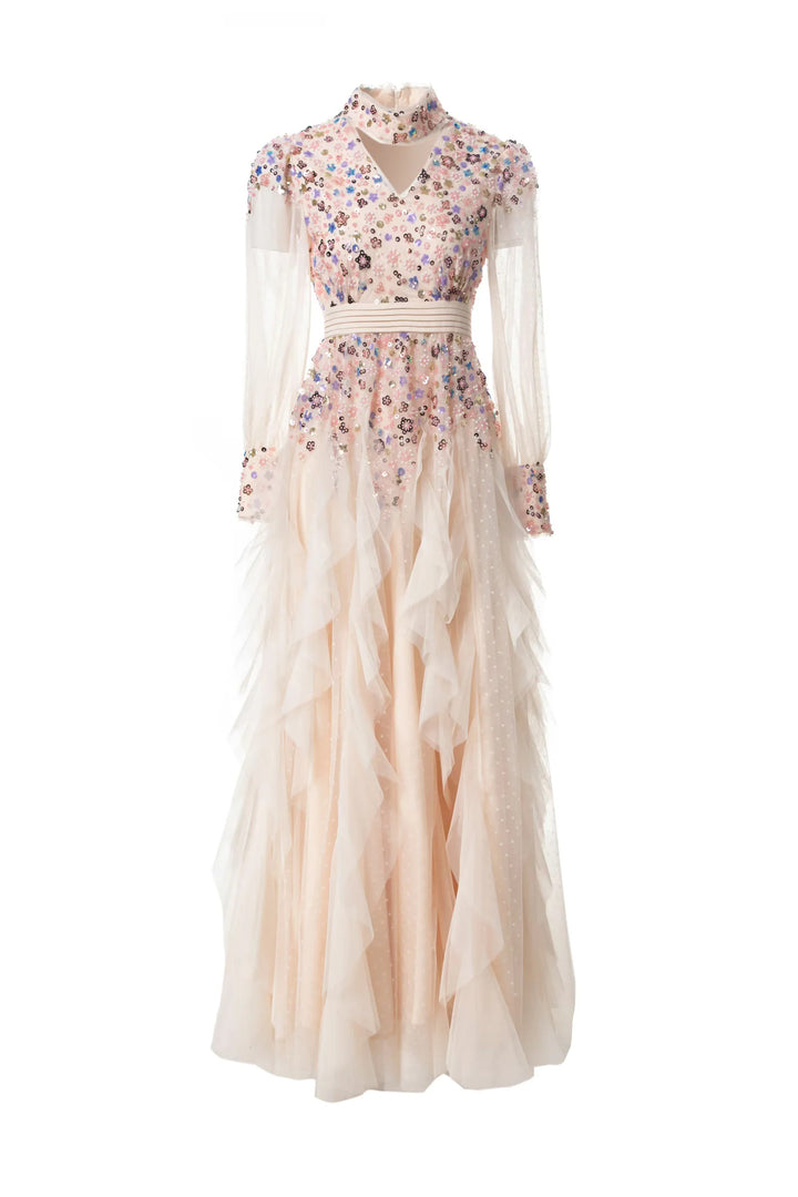 فستان تول بأكمام طويلة مع صدّار مزخرف – أورورا