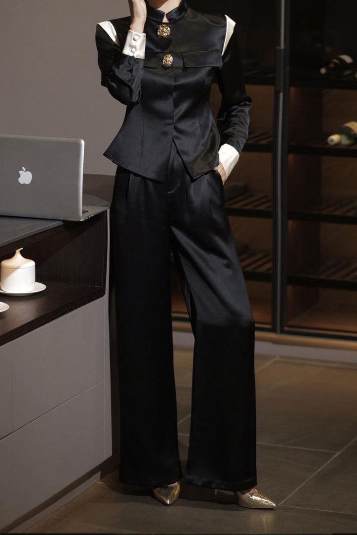 satin tailored suit with structured shoulders – AURELIA