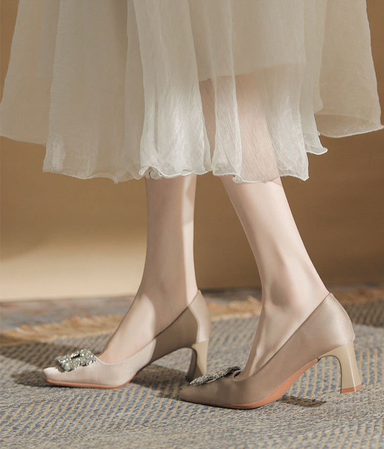 square-toe block heels with crystal buckle – AURORZAM