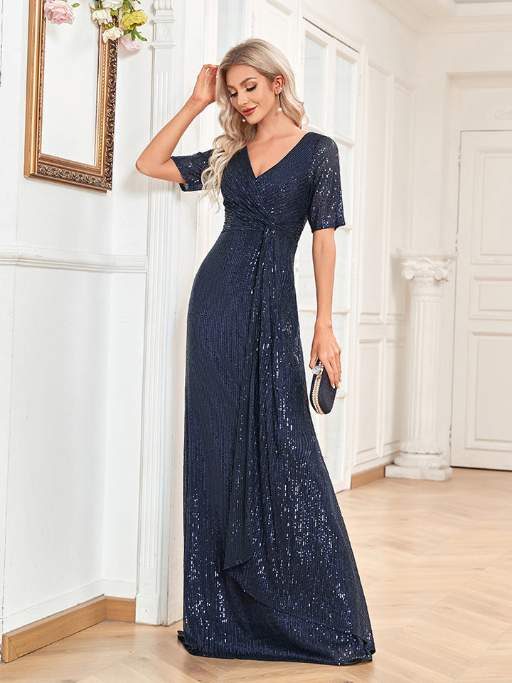 short-sleeve sequin wrap evening gown – NOIRÉ