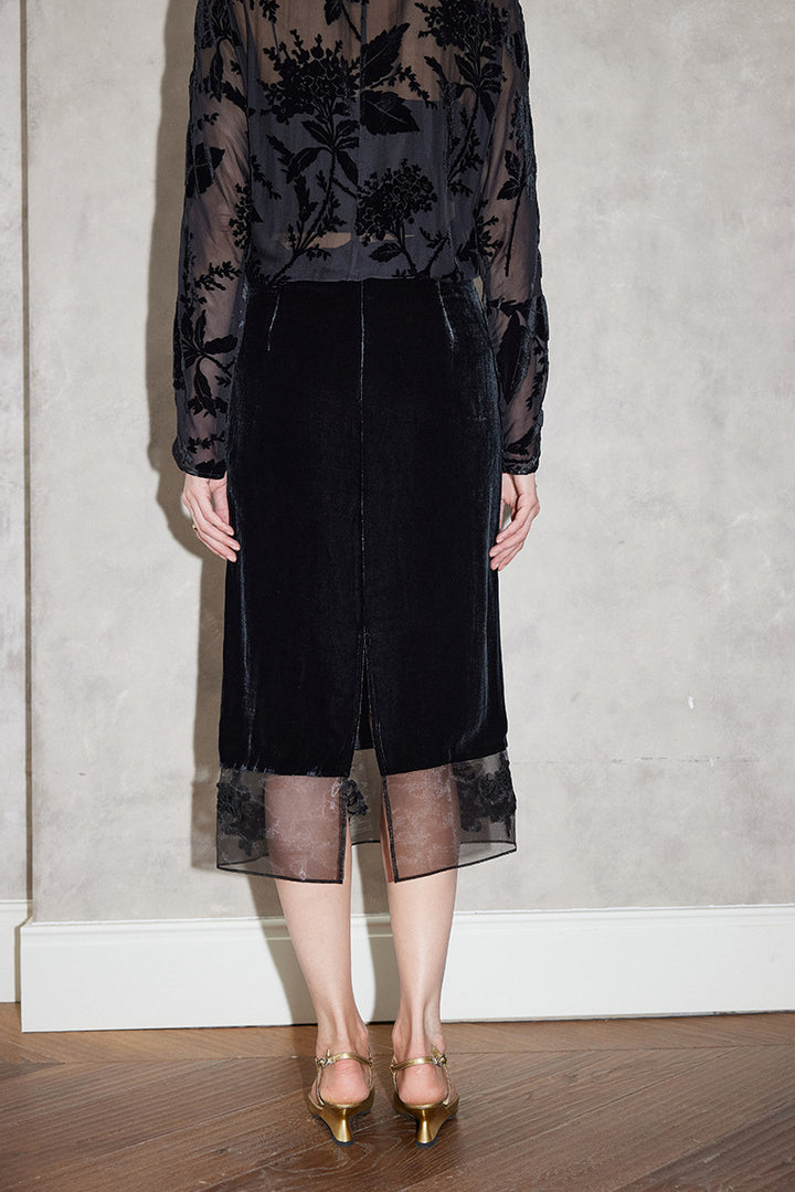 velvet midi skirt with sheer lace hem – HAYTHAM