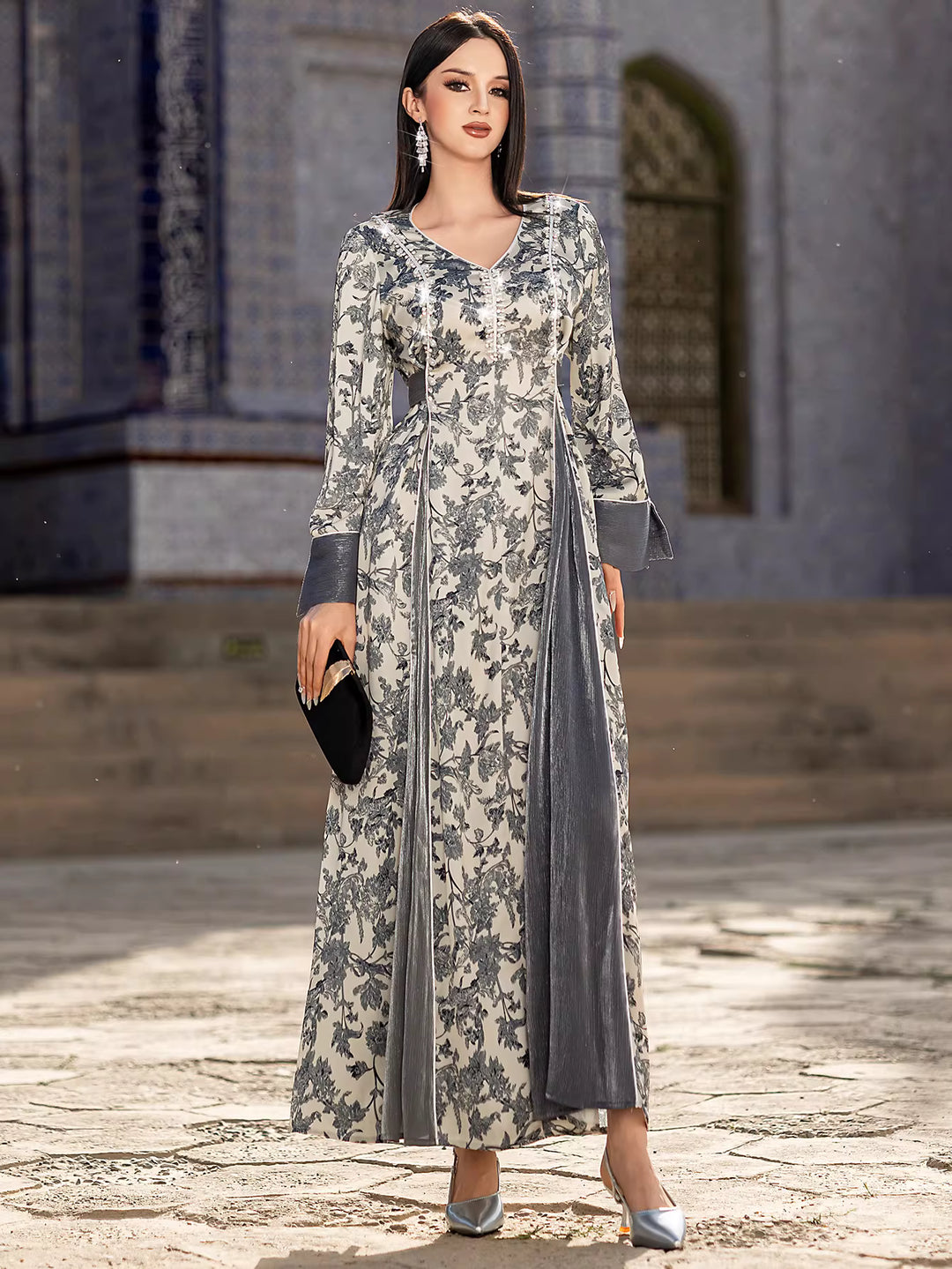 Printed Maxi Dress with Flared Sleeves and V-Neck – AURELLE