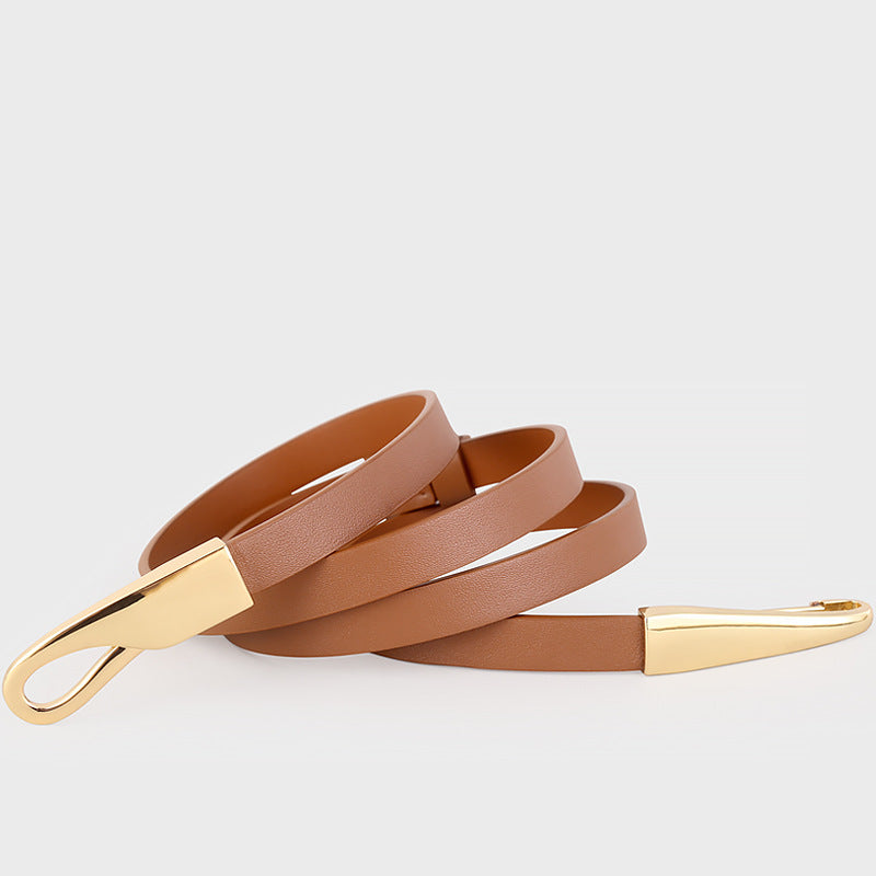 حزام جلدي رفيع بإبزيم ذهبي منحوت - أديل