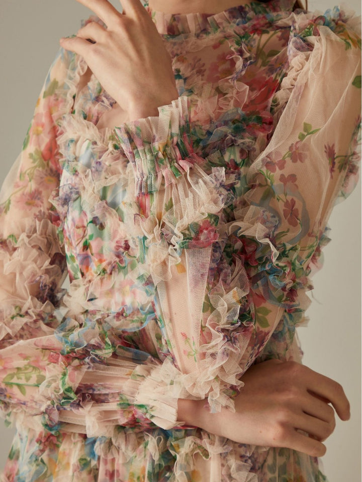 فستان تول شفاف متعدد الطبقات مزين بالزهور – فيوريلا