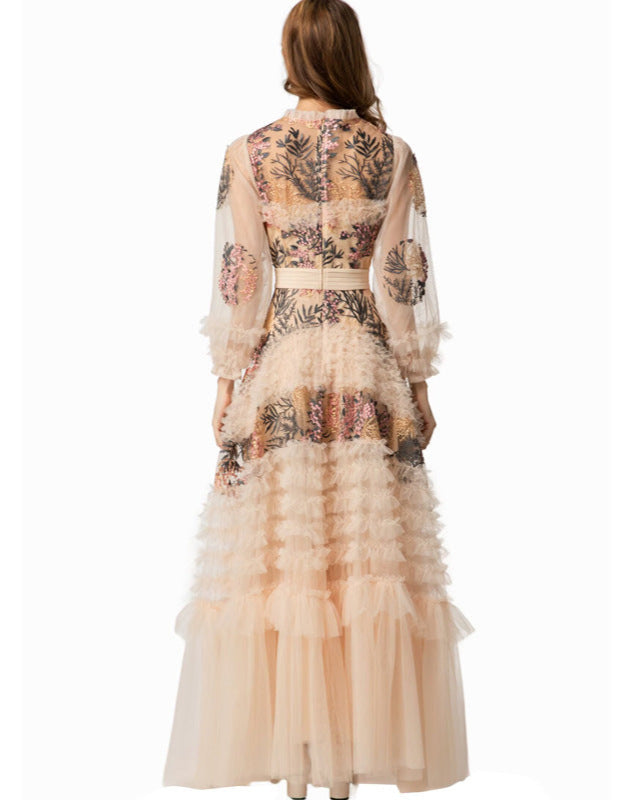 long-sleeve tulle gown with floral embroidery - MARINADI